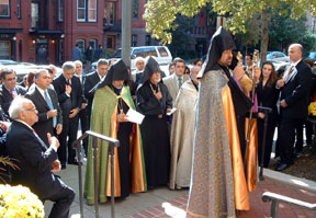 His Eminence Moushegh Mardirossian (center front), His Eminence Oshagan Choloyan, Bishop Vicken Aykazian and Father Sarkis Aktavoukian perform the blessing of the new ANCA Headquarters