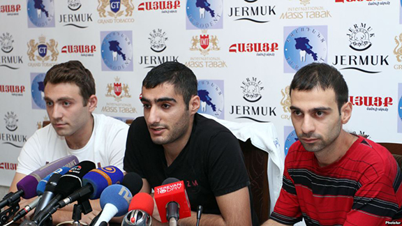 Leaders of the No To Plunder movement at a press conference in Yerevan on August 28, 2015 (Source: Photolur)