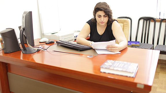 Birthright Armenia alum Marisol Khadeyan from Argentina, 20th participant in the Pathway to Armenia program, at work preparing her job applications.  