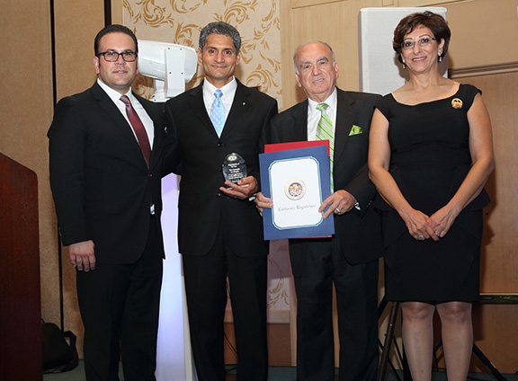 From left: Mayor Jack Hadjinian, Johnny Yaldezian and George Titizian of the Trex Fraternity Los Angeles Chapter, named ABMDR Organization of the Year, and Dr. Frieda Jordan.