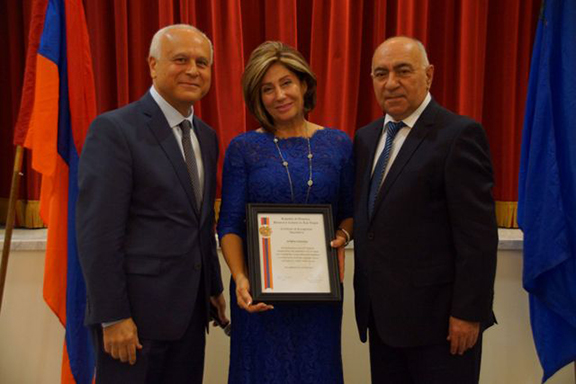 Certificate of Recognition Presented to Mrs. Dadourian by Deputy Consul General Valery Mkrtoumyan and Las Vegas Honorary Consul Andy Armenian
