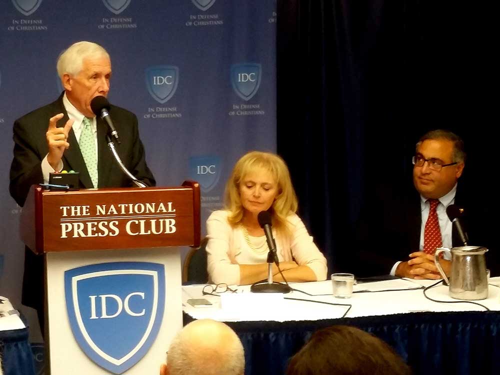Retired Congressman and renowned human rights advocate Frank Wolf (R-VA) headlined the press conference which also included remarks by Catholic University Law Professor Robert Destro, Genocide Watch President Dr. Gregory Stanton, U.S. Commission on International Religious Freedom Member Katrina Lantos Swett, IDC Executive Director Kirsten Evans, and ANCA Executive Director Aram Hamparian.