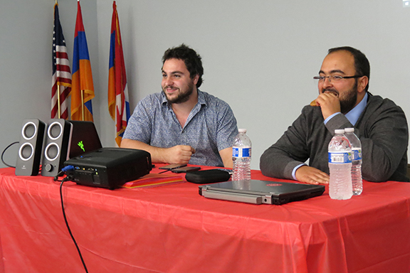 Razmig Sarkissian (left) editor of Haytoug Magazine and the moderator of Sunday's public forum, with Sayat Tekir (right)