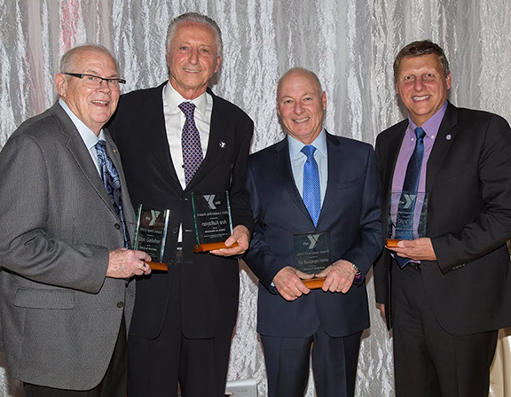 L-R:  Don Galleher, who received the Spirit Award; Ara Kalfayan, chairman of the board of directors of the YMCA of Glendale, who received the Leadership Award; Steve Bussjaeger, president of the Gregg Bussjaeger Foundation with the Champion Award; and Glendale Mayor Ara Najarian, who accepted the Partnership Award on behalf of the City of Glendale.