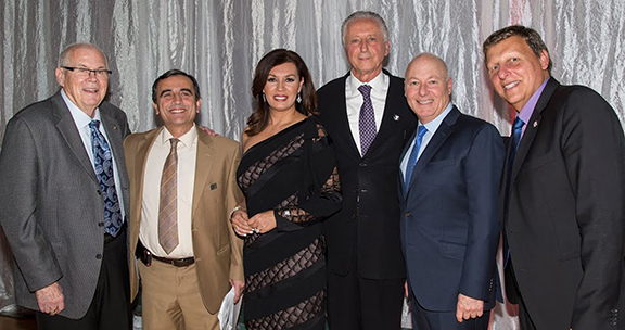 L-R:  Don Galleher, who received the Spirit Award; George Saikali, president & CEO of the YMCA of Glendale; MundoMax news anchor Palmira Perez Najarian, who emceed the evening; Ara Kalfayan, chairman of the board of directors of the YMCA of Glendale, who received the Leadership Award; Steve Bussjaeger, president of the Gregg Bussjaeger Foundation with the Champion Award; and Glendale Mayor Ara Najarian, who accepted the Partnership Award on behalf of the City of Glendale.