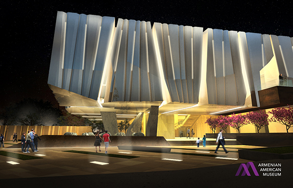 An architect's rendering of the museum exterior at night