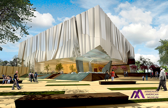 An architect's rendering of the museum exterior