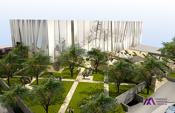 An architect's rendering of the museum exterior garden