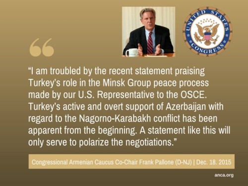 Congressional Armenian Caucus Co-Chair Frank Pallone OSCE Ambassador Daniel Baer's praise for Turkey's role in the Karabakh peace talks "polarizing".