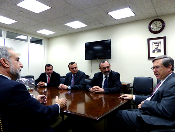 Sen. Mark Kirk (R-IL) discusses Karabakh assistance and security priorities with NKR Foreign Minister Karen Mirzoyan, NKR Representative to the US Robert Avetisyan, ANCA Chairman Ken Hachikian and Illinois community advocate Haik Ter-Nersesyan.