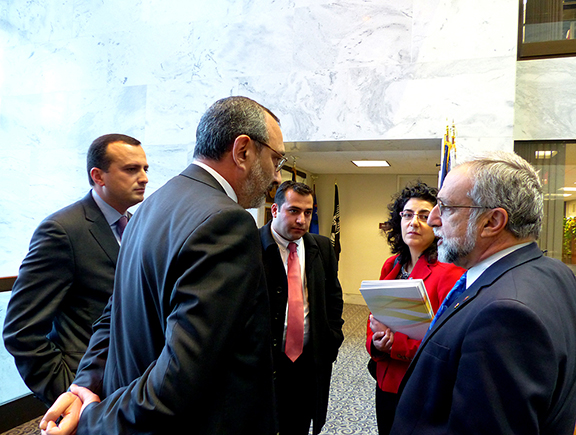 NKR Foreign Minister Karen Mirzoyan and NKR Representative to the US Robert Avetisyan chat with ANCA Chairman Ken Hachikian, Government Affairs Director Kate Nahapetian and Illinois constituent Haik Ter-Nersesyan prior to the meeting with Senator Kirk (R-IL).