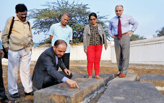 Ambassador of the Republic of Armenia, Armen Martirosyan, along with officials of the State Archaeology and Museums Department at the Armenian Cemetery in the old city. (Source: The Hindu)