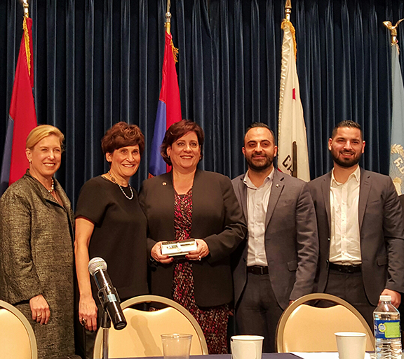 From left, Wendy Greuel, Chairperson Rebecca Berberian, Nora Hovsepian, Vache Thomassian, and Caspar Jivalagian