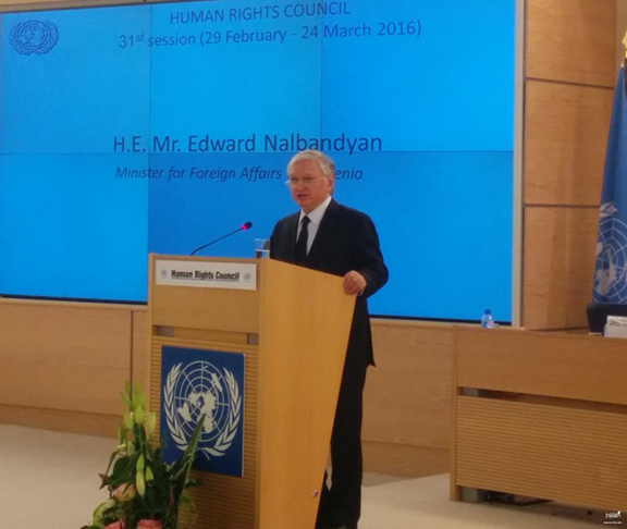 Nalbandian addressing the 31st Session of the UN Human Rights Council. (Source: Public Radio of Armenia)