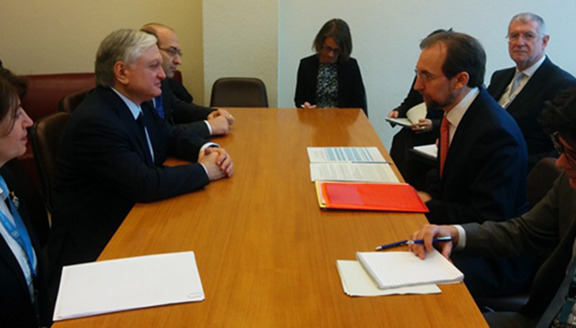 Foreign Minister Nalbandian meeting with UN High Commissioner for Human Rights Zeid Ra'ad Al Hussein. (Source: Public Radio of Armenia)