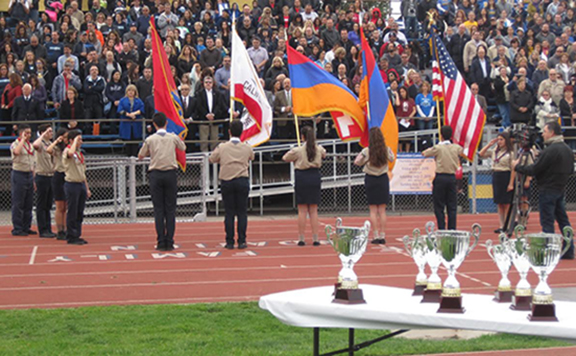 Homenetmen Scouts performing the flag ceremony during the closing ceremonies.