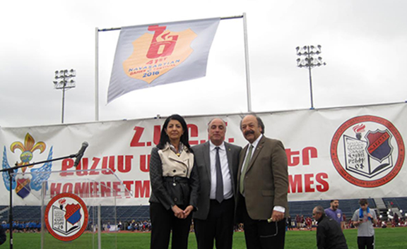 Assemblymember Katcho Achadjian on the right and his wife with Homenetmen Regional Chairperson Manuel Marselian present at the closing ceremonies.