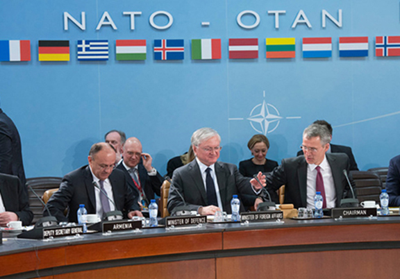 Defense Minister Seyran Ohanian and Foreign Minister Nalbandian at a North Atlantic Council session. (Source: NATO)