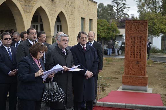 President Sarkisian and Cypurus President Anastastiades at the cross stone unveiling. (Source: Public Radio of Armenia) 