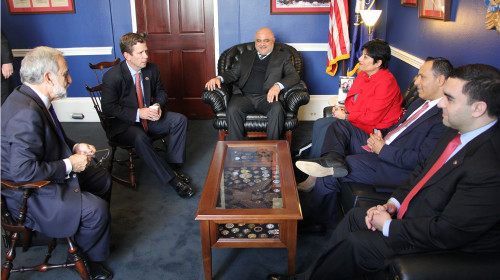Congressional Armenian Caucus Co-Chair Robert Dold (R-IL) discussing Armenian foreign aid priorities with ANCA National Board Members and staff and Vardan Tadevosyan, Director of the Baroness Cox Rehabilitation Center in Stepanakert, Artsakh during the ANCA Advocacy Fly-In on March 15/16.