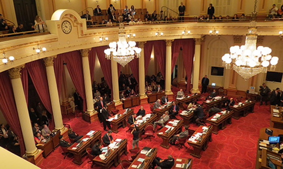 Andrew Bedigian giving his remarks in CA Senate Chambers with Senators and members of the Armenian-American community present.