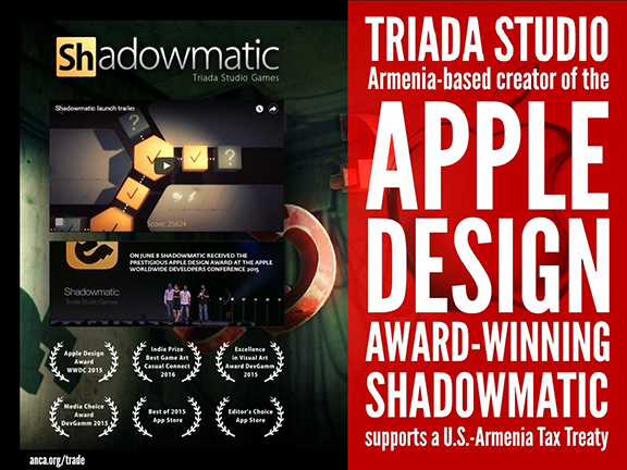 Triada Studio, the Armenia-based creator of the Apple Design Award-winning Shadowmatic Game, joins the growing call for a U.S.-Armenia Double Tax treaty.