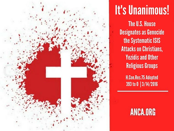  U.S. House adopts H.Con.Res.75, designating the ISIL crimes against Christians and other minorities in Syria and Iraq as genocide.