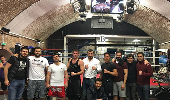 Group of boxers at the former Azbeijani's kickboxer's kickboxing club in London. (Source: Panorama.am)