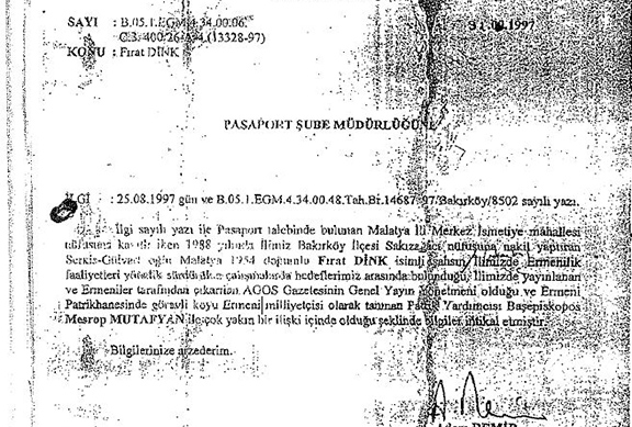 Confidential document that was revealed during Dink's case. (Source: Armenpress) 