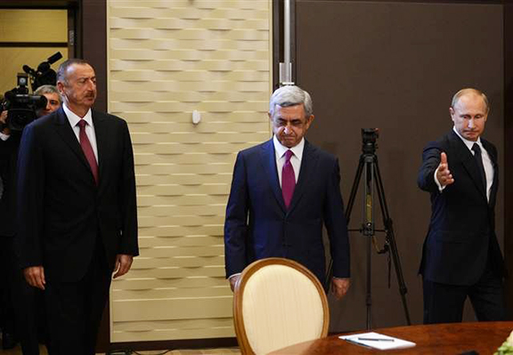 President Vladimir Putin of Russia (center) with President Serzh Sarksiain (right() and Ilham Aliyev in 2014