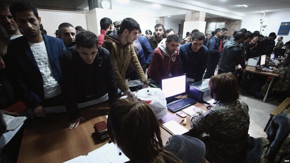 Hundreds of volunteers enlist in Stepanakert to fight alongside the Artsakh Army