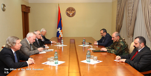 OSCE MInsk Group co-chairmen (left) meet with Artsakh President Bako Sahakian