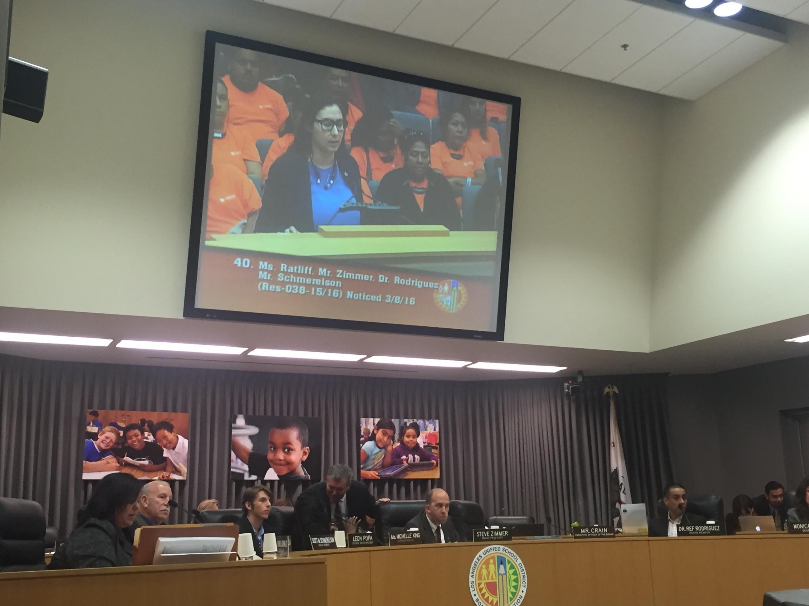 ANCA-WR Government Affairs Director Tereza Yerimyan speaking at Los Angeles Unified School District Board of Education