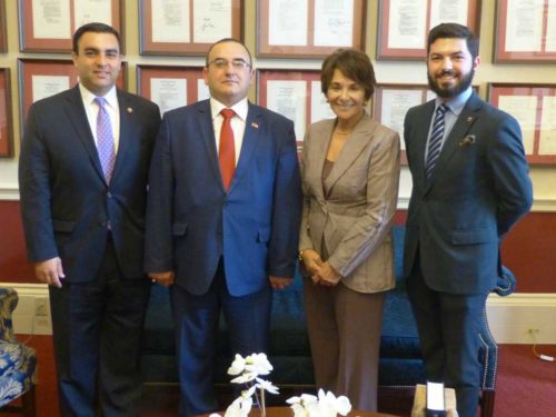 Lernik Hovhannisyan (center), with Ani Toumajan, aide to Armenian Caucus Co-Chairman Frank Pallone, Armen Sahakyan (left), and Raffi Karakashian (right), in front of the U.S. Capitol.