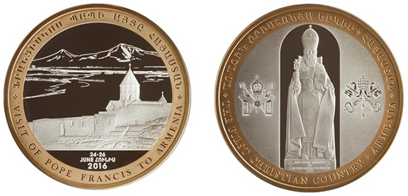 Commemorative medal dedicated to the visit of His Holiness Pope Francis to the Republic of Armenia. (Source: Arka)