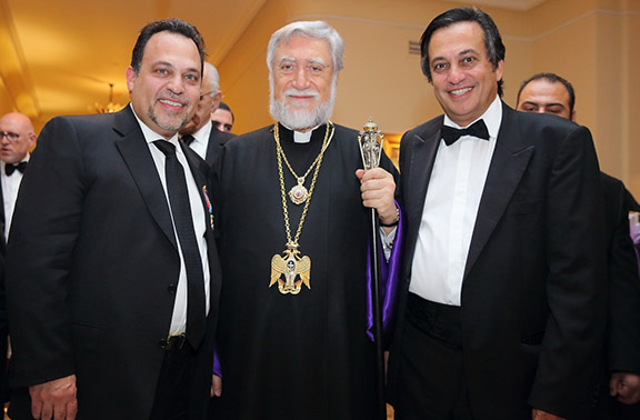 ARF Bureau member Dr. Viken Yacoubian (left) and Cilician Catholicosate Executive Council member Vahe Yacoubian flank the Catholicos