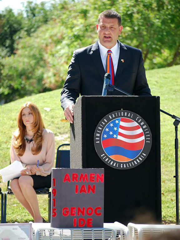 Congressional Armenian Caucus Co-Chair David Valadao (R-CA) offering remarks at the annual April 24th Armenian Genocide commemorative flag-raising in Fresno, CA, organized by the ANCA Central California.