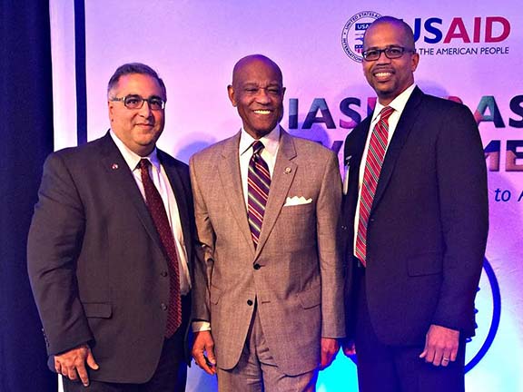 ANCA Exec. Director Aram Hamparian with  USAID Deputy Administrator Alfonso E. Lenhardt and Nicolas Bassey, USAID's Division Chief for Frontier Partnerships at the Diaspora in Development 2016 forum in Washington, DC.