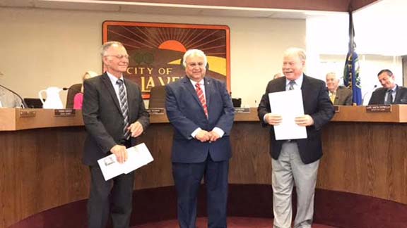 Dr. Garbis Der-Yeghiayan (middle) being honored at La Verne's City Council meeting on Monday, October 17, 2016 with  Former Mayor, Jon Blickenstaff (left) and current Mayor Don Kendrick 