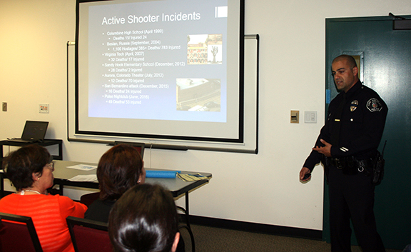 Officer Vaughn Gaboudian during the Active Shooter Training/Rapid Relocation session
