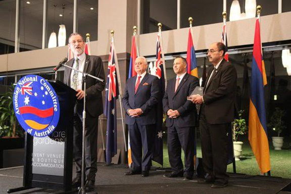 L to R: Mr. Stuart McMillan, Uniting Church Australia Assembly President;  Greg Soghomonian the Honorary, Chairman of ANC (Armenian National Committee of Australia); Raffi Hamparian, ANC America Chairman; and Rev. Dr Krikor Youmshajekian, President of the Armenian Missionary Association of Australia and the Minister of St. Andrew’s Uniting Church, Longueville holding the “Freedom Award”