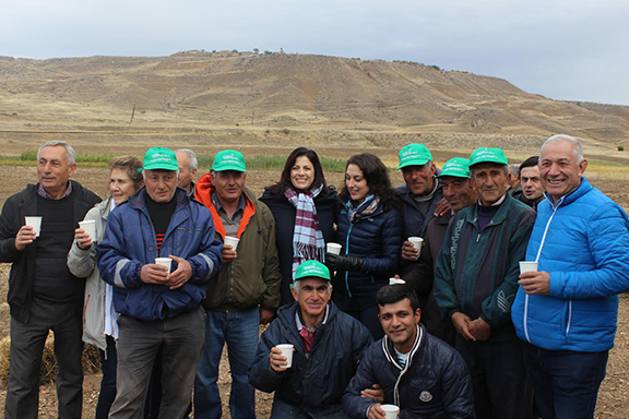 ATP's leadership joined guests in the southern wine region of Vayots Dzor to break ground on its fourth tree nursery; several Chiva Nursery workers are pictured with founder Carolyn Mugar, executive committee member Julia Mirak Kew, executive director Jeanmarie Papelian and nursery managers Samvel Ghandilyan and Tigran Palazyan.