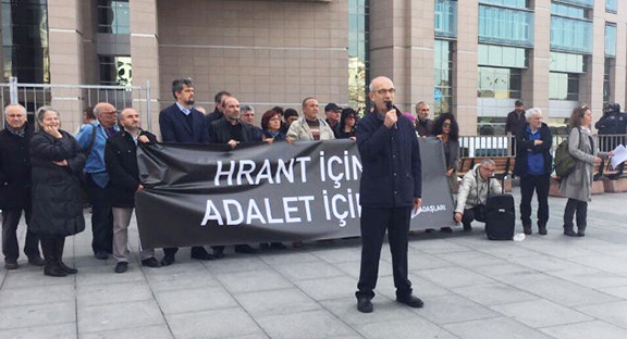 "Friends of Hrant Dink" making a statement ahead of the trial against the law enforcement accused of Hrant Dink's murder. (Photo: Agos)
