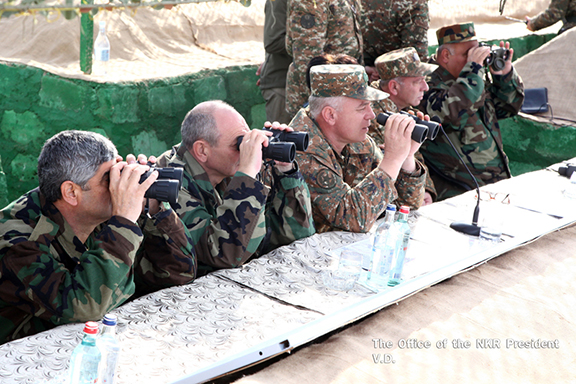 President Bako Sahakyan watches military exercises in the republic's military command center. (Photo: president.nkr.am)