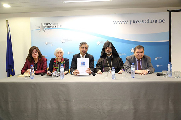 (From left to right) Professor of international law Nora Bayrakdarian, Catholicosate team coordinator and adjunct professor of religion and ethics Teny Pirri-Simonian, international lawyer and professor at McGill University Payam Akhavan, representative of Catholicos Aram I Archbishop Kegham Khatcherian, EAFJD President Kaspar Karampetian (Photo: EAFJD)