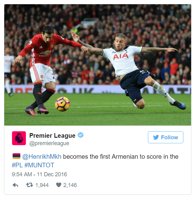 Mkhitaryan Becomes First Armenian to Score a Goal in the Premier League -  Armenian National Committee of America