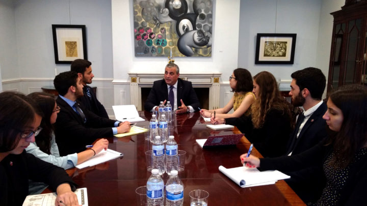 Armenian Ambassador to the U.S. Grigor Hovhannissian discusses Armenian foreign policy challenges and opportunities with the ANCA summer interns.