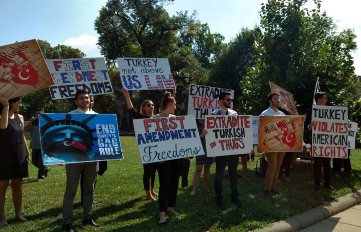 ANCA interns holding signs they designed at the July 19th “A Stand for Free Speech” held at Washington, DC’s Sheridan Circle, site of the May 16th attack by the Turkish presidential security detail which hospitalized nine people.