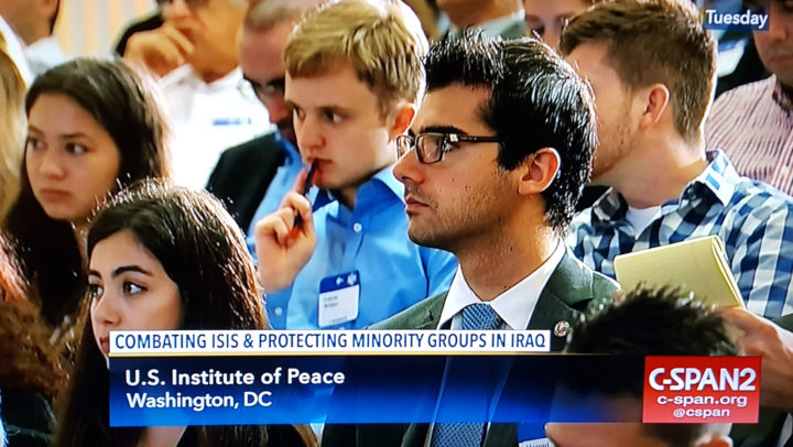 ANCA intern Harout Manougian asks questions at a US Institute of Peace briefing on ISIS.