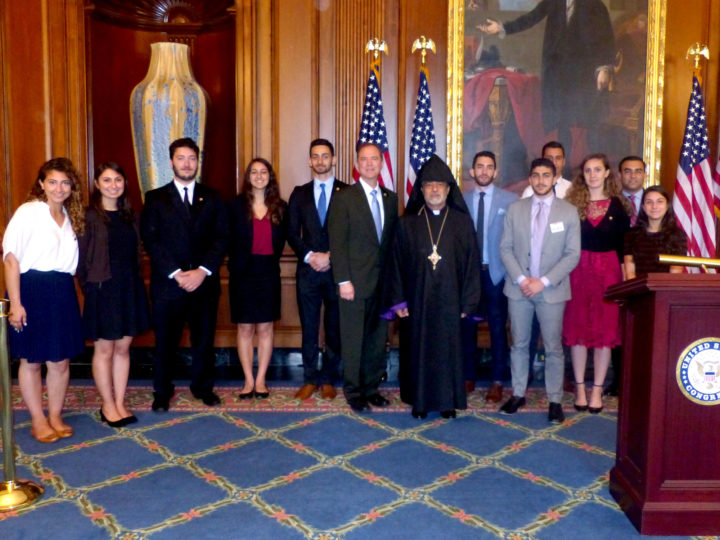 His Eminence Archbishop Hovnan Derderian, Primate of the Western Diocese of the Armenian Apostolic Church of North America, with Rep. Adam Schiff (D-CA), ANCA Government Affairs Director Raffi Karakashian, and the ANCA summer interns following his opening prayer at the House of Representatives.